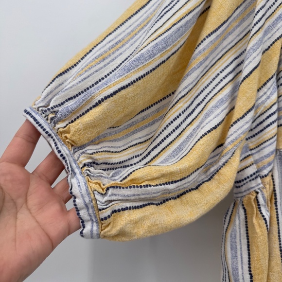 Ava James Top Women 2X Yellow Blue Striped Linen Cotton Blend Short Puff Sleeves - Picture 2 of 12